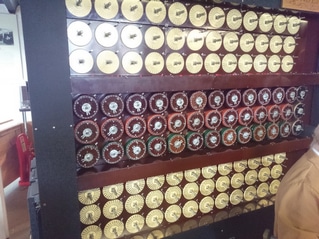 A replica of the Bombe, an electromechanical device used by British cryptologists to help decipher German Enigma-machine-encrypted secret messages during World War II.