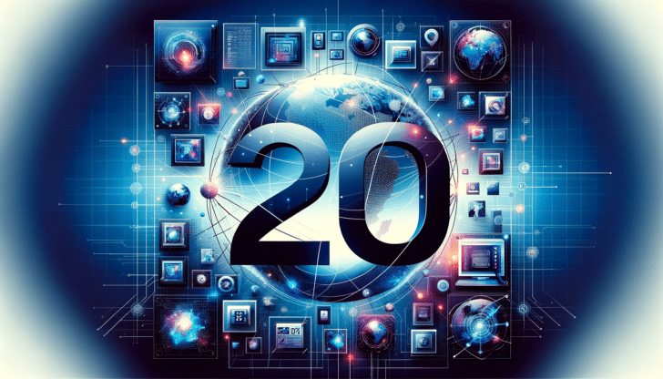The number 20 over a globe image with multiple screens and internet icons
