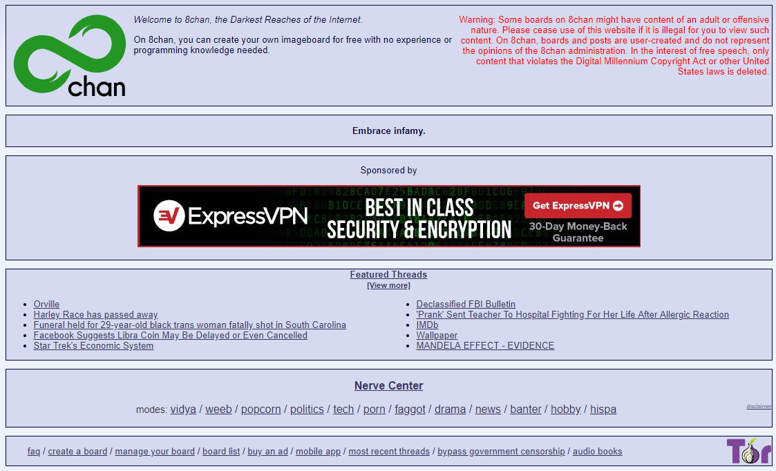 Screenshot of 8ch.net, the website for 8chan