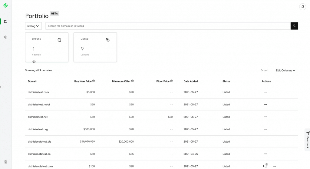 Screenshot of Afternic's new seller dashboard showing domains for sale and prices