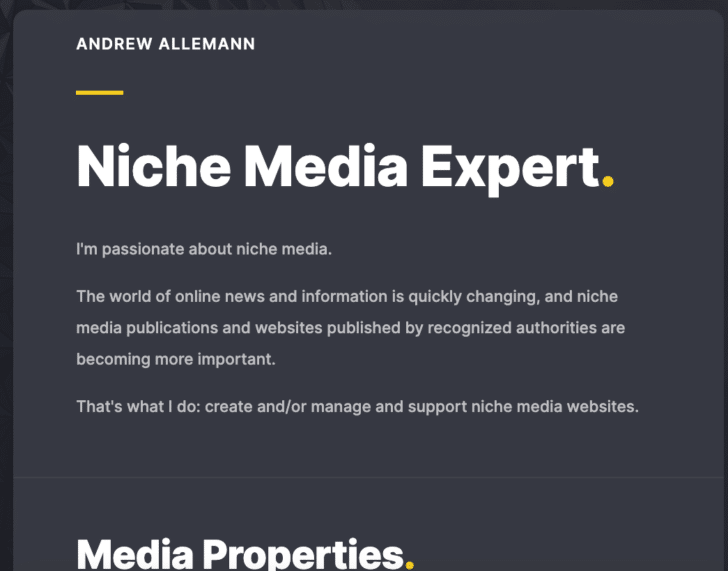 Screenshot of AndrewAllemann.com, Niche Media Expert
