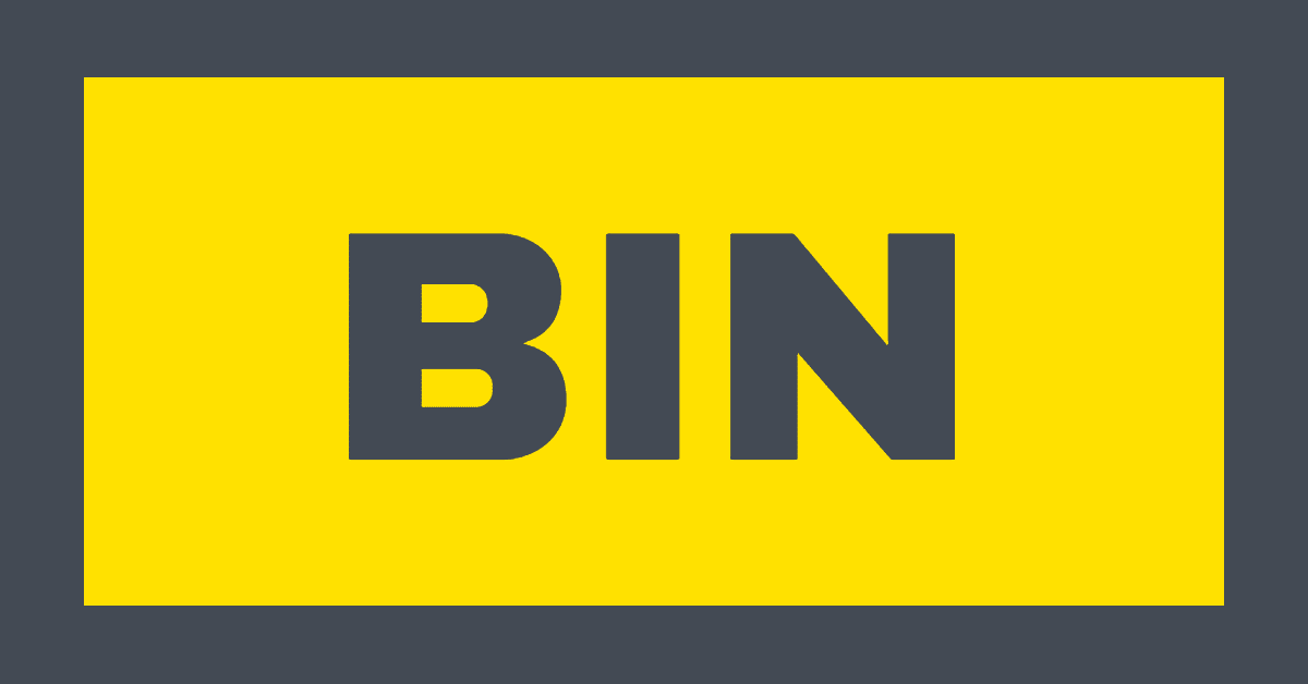 Graphic with BIN in grey letters on yellow background