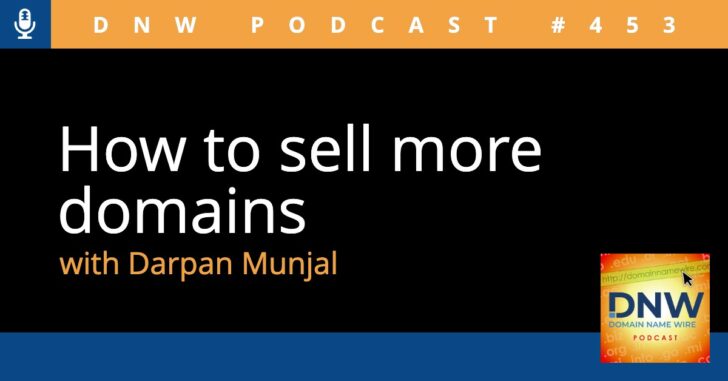 The words "how to sell more domains with Darpan Munjal" on a black background