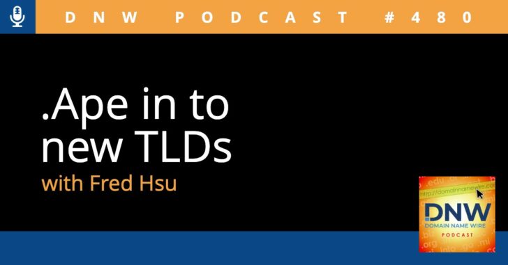 Graphic with text ".Ape in to new TLDs with Fred Hsu" and "DNW Podcast #480"