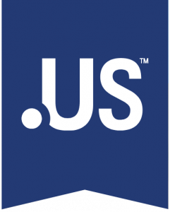 .US domain logo has .US in white letters on a blue ribbon