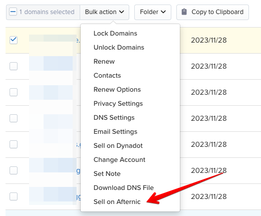 Dynadot list for sale process screenshot shows "Sell on Afternic" link in Dynadot accounts