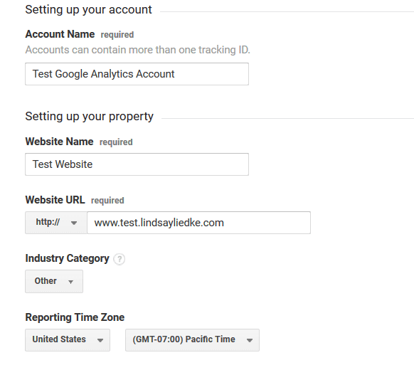 Google Analytics - Sign Up - Account Info