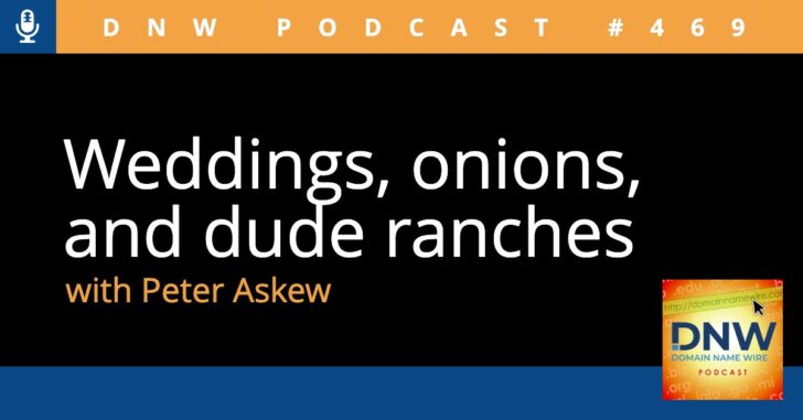 The text "Weddings, onions, and dude ranches with Peter Askew" on a black background.