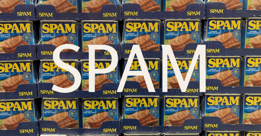 A picture of multiple cases of spam meat with the word "spam" on top.