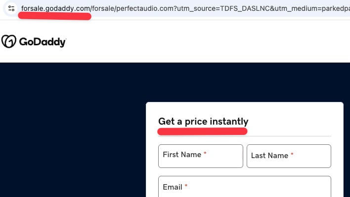 Afternic domain landing page request price