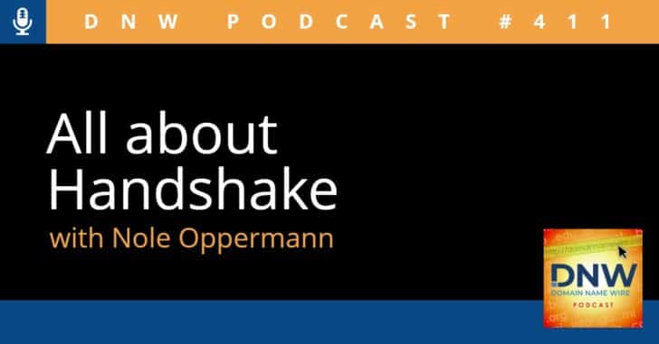 The words "all about handshake with nole oppermann" on a black background, and "DNW Podcast #411" on an orange background