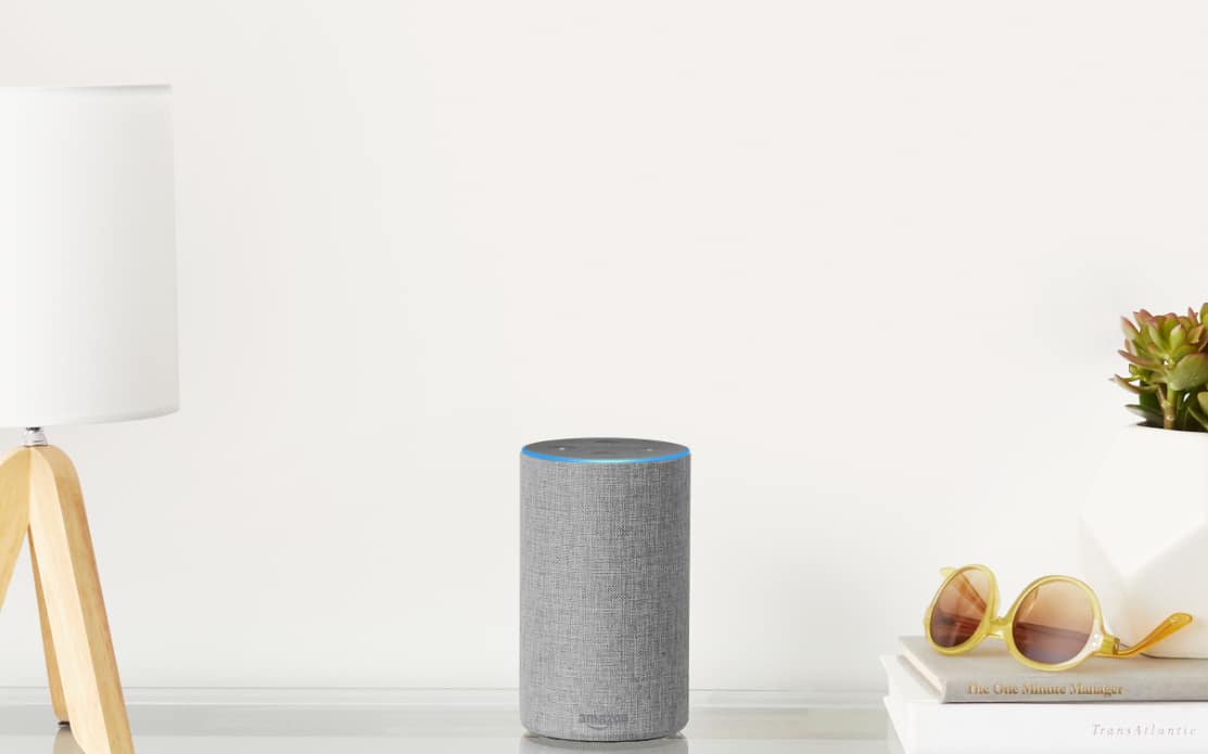 Picture of gray Amazon Echo device on a table. A lamp is to the left and some books with sunglasses and a plant on them are to the right.