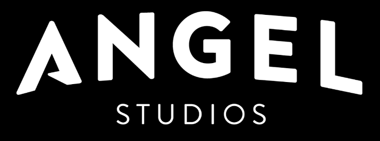Angel Studios logo has Angel in stylized font over the word Studios. In this version, text is white on black background
