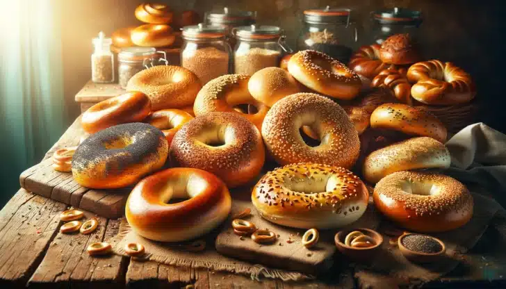 Picture of many types of bagels on a butcher board.