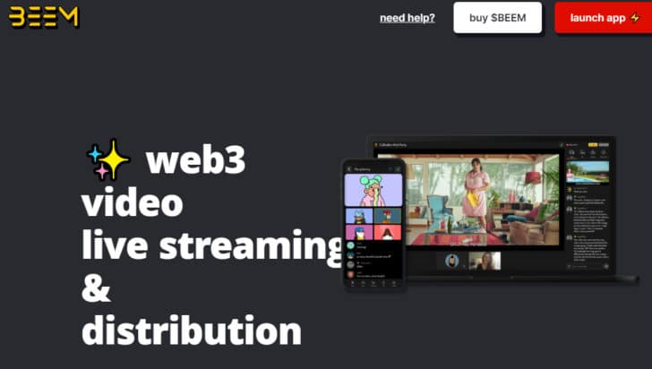 Homepage for Beem, a web3 video live streaming & distribution platform