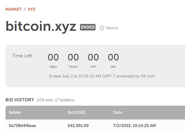 Screenshot of bitcoin.xyz on namecheap