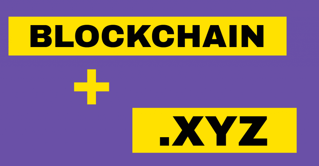 Graphic with purple background and the words blockchain and xyz in black letters on yellow backgrounds