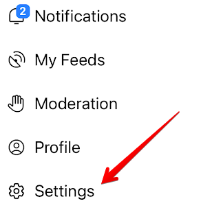 BlueSky side panel with an red arrow pointing to Settings