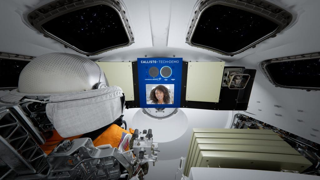 Picture of astronaut in space with the Lockheed Martin Callisto tech demo wit Amazon Alexa and Cisco Webex