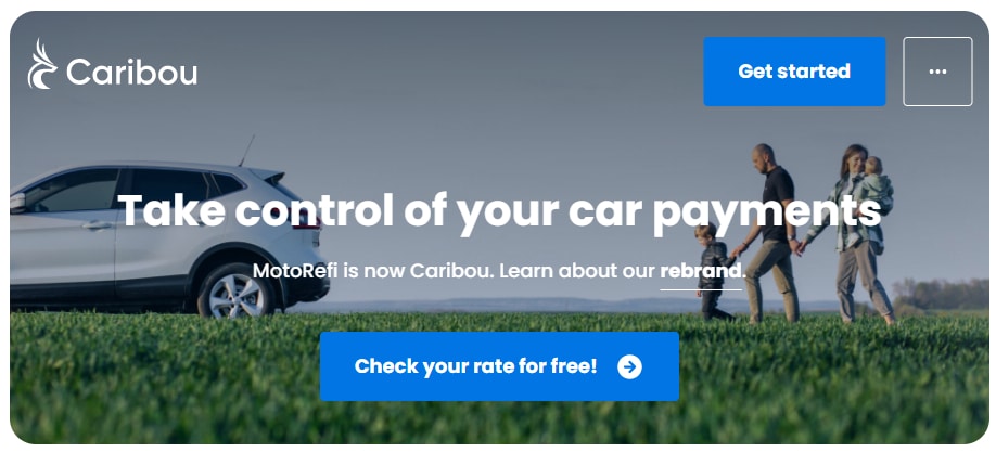Screenshot from Caribou.com showing people walking to a car with the words "take control of your car payments"