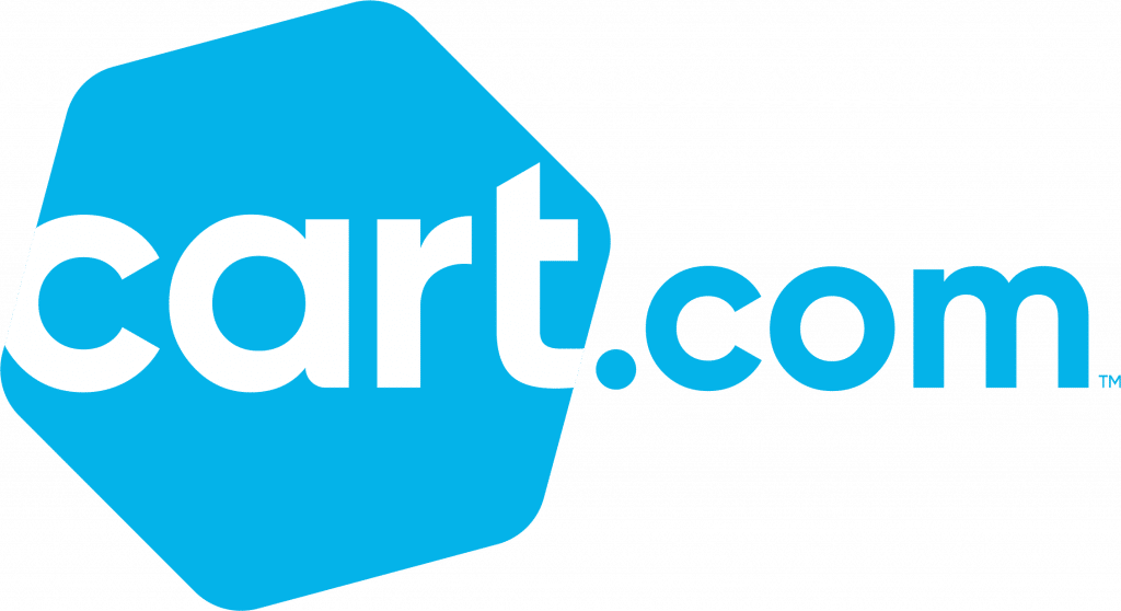 Logo for Cart.com has cart in white letters on a blue hexagon and .com in blue letters on a white background