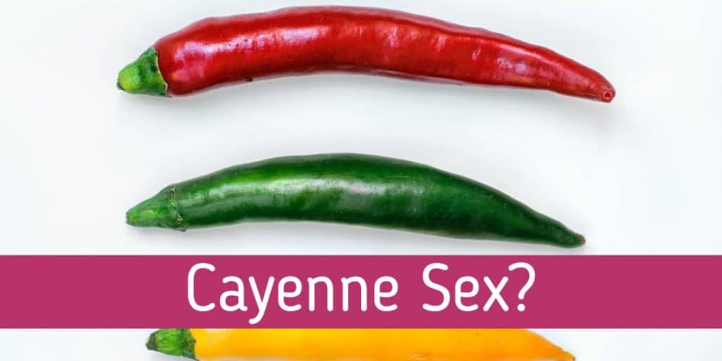 Picture of three chili pappers in red, green and yellow with the words "Cayenne Sex"