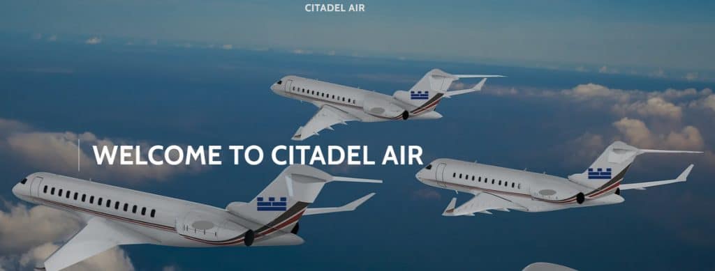 A screenshot of the image at the top of CitadelAir.com, showing three private jets with the Citadel logo on them.