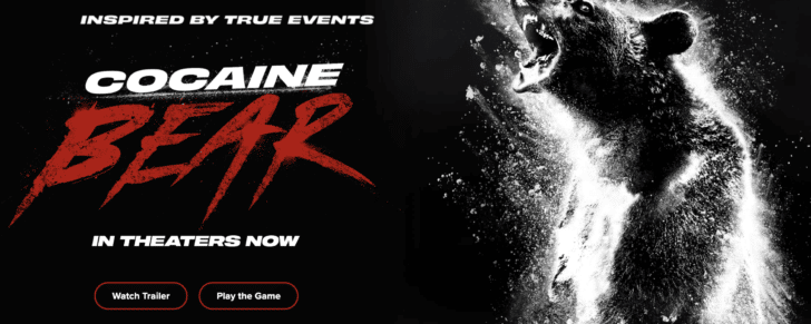 Image of the Cocaine Bear with the movie title next to it