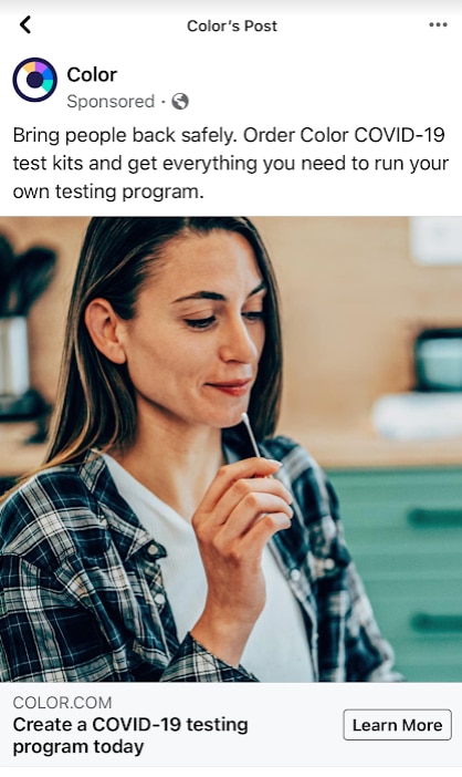 Screenshot of a Facebook ad for Color showing a woman holding a nasal swab