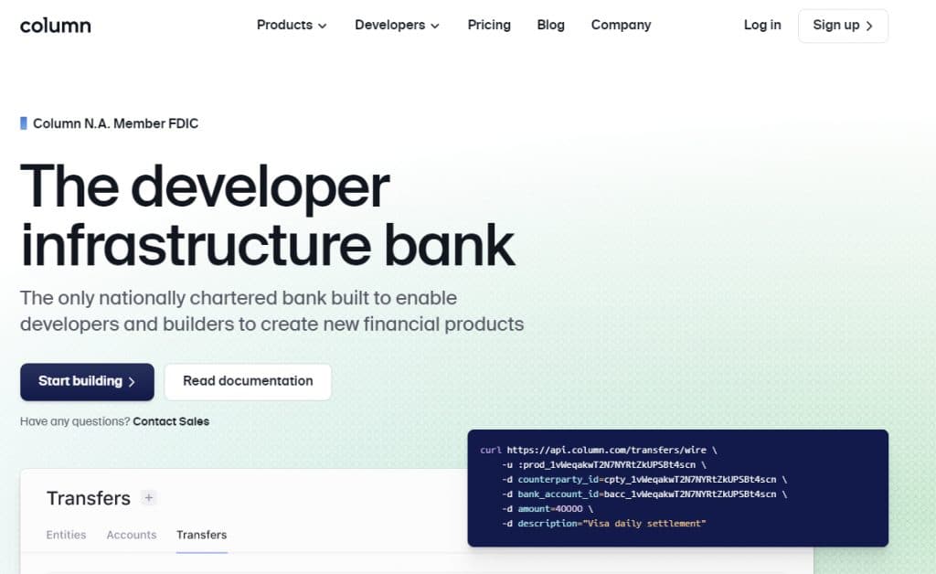 Screenshot of column.com that says "The developer infrastructure bank"