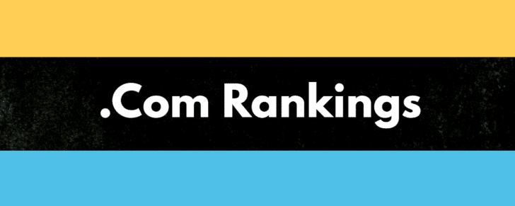 The words ".com rankings" on a black chalkboard background with yellow and blue stripes