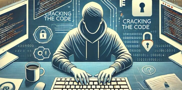 Man sitting a a keyboard with computer code around him and the words "cracking the code"