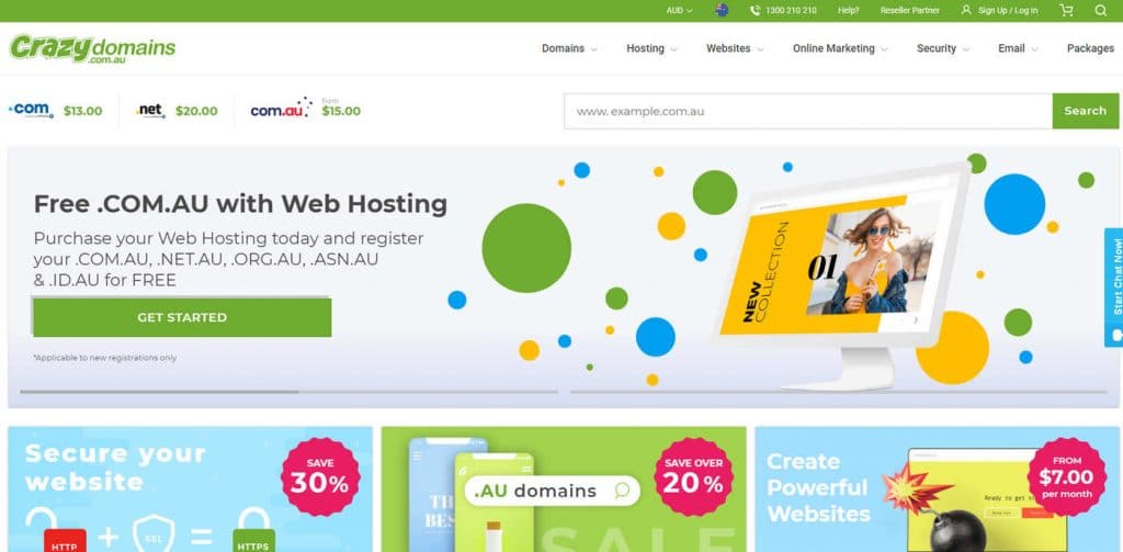 screenshot of CrazyDomains.com.au, an Australian domain name registrar