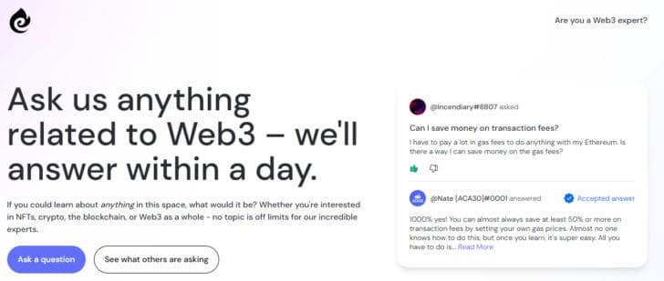 Webpage for Curious.xyz, which says "Ask us anything related to Web3 – we'll answer within a day."