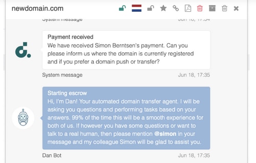 DAN Bot is a new conversation-style domain transfer agent from DAN.com, formerly known as Undeveloped