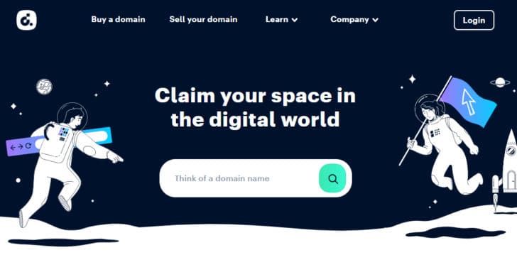 Screenshot of dan.com home page with "Claim your space in the digital world" in white letters on a blue background that has two astronauts