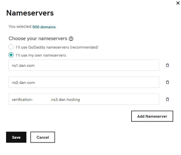 Screenshot of adding third nameserver for Dan.com verification