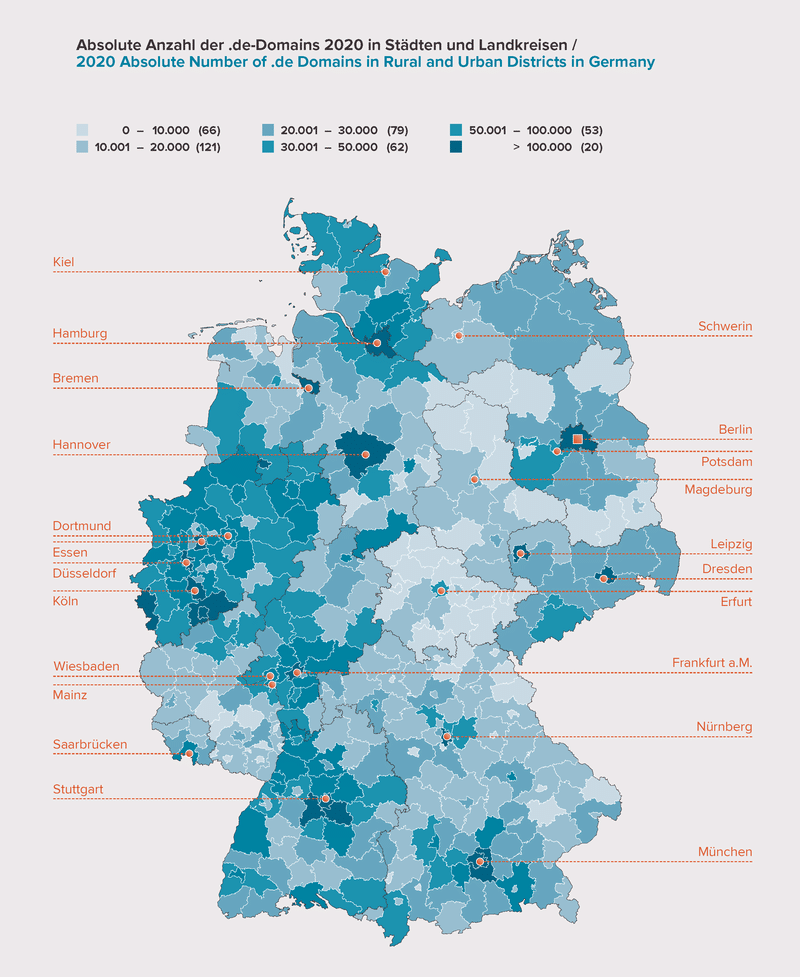 A map showing the distribution of .de domain registrations in Germany