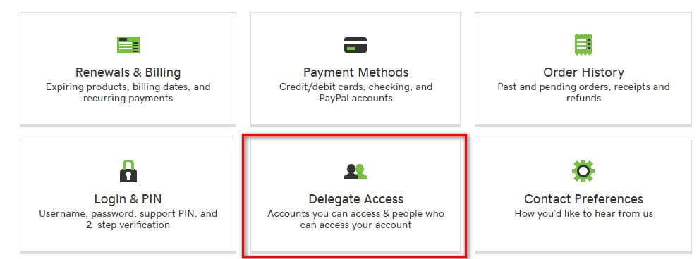 GoDaddy account manager with multiple options, including Delegate Access