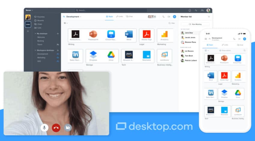 Screenshot of Desktop.com application with multiple web apps on a single screen.