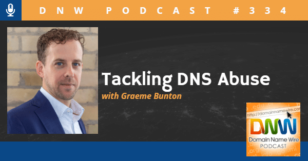 Headshot photo of Graeme Bunton with the words "Tackling DNS Abuse" and "DNW Podcast #334"