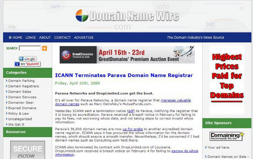 Screenshot of Domain Name Wire