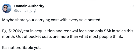 Maybe share your carrying cost with every sale posted. Eg. $120k/year in acquisition and renewal fees and only $6k in sales this month. Out of pocket costs are more than what most people think. It's not profitable yet.