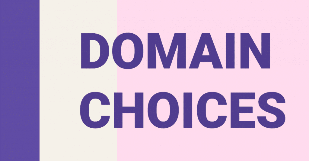 Graphic with purple, cream and pink colors with the words "domain choices" in purple