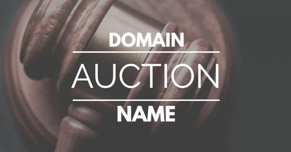 The words "domain name auction" overlayed on photo of auctioneer gavel