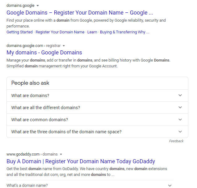 A screenshot of a Google search for the term "domains" showing Google has the top two spots