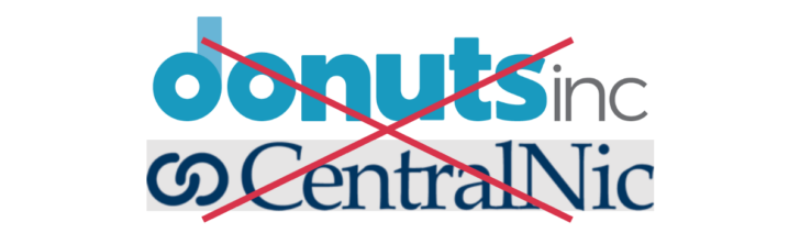 Donuts and CentralNic logos with a red X through them