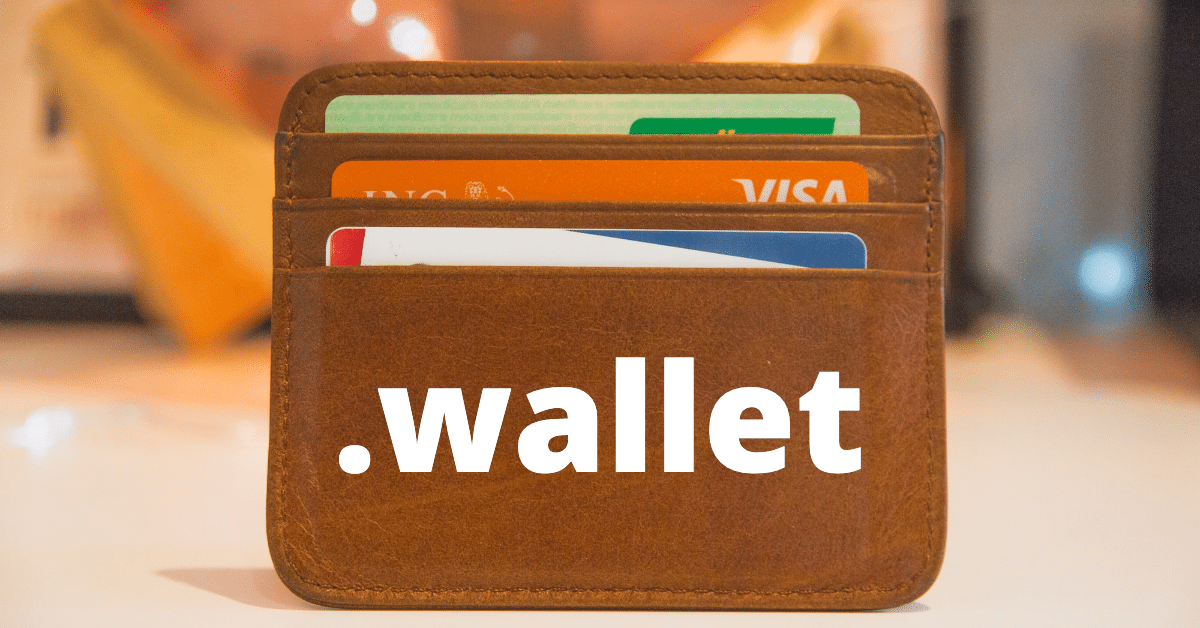 Picture of a wallet with three credit cards and the word .wallet superimposed in white text