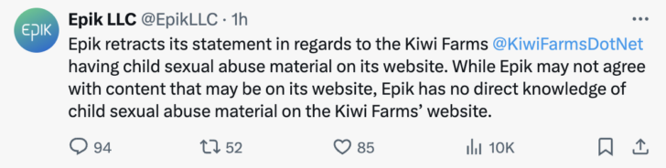 statement from Epik retracting claim about Kiwi Farms