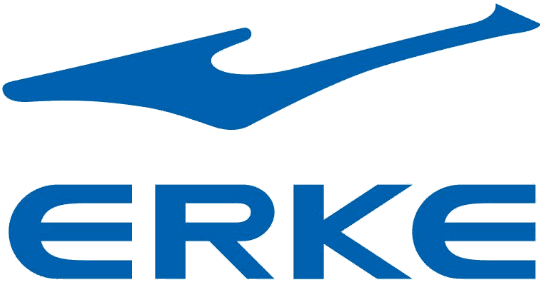 Logo for Erke shows the word Erke and a blue swish mark above it